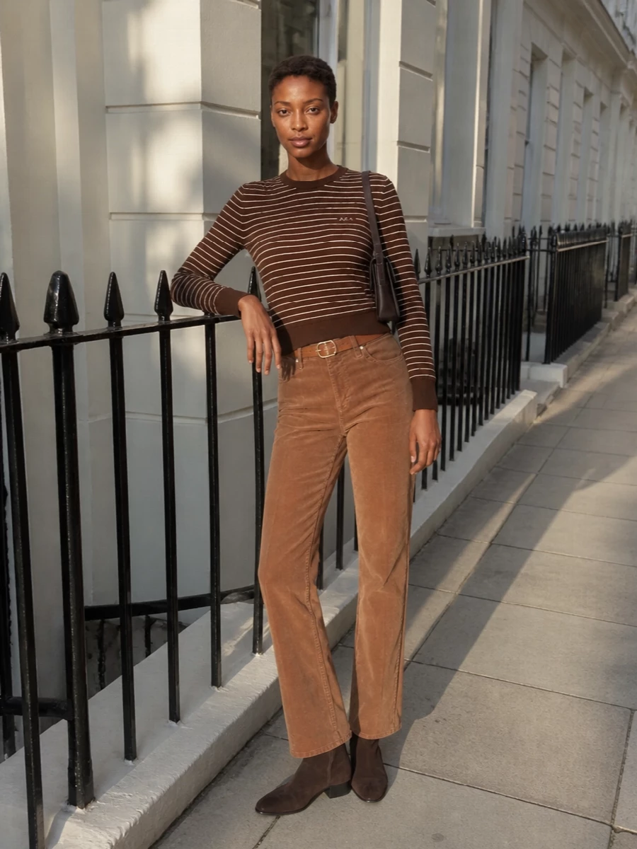 Apc striped sweater camel corduroy pants outfit