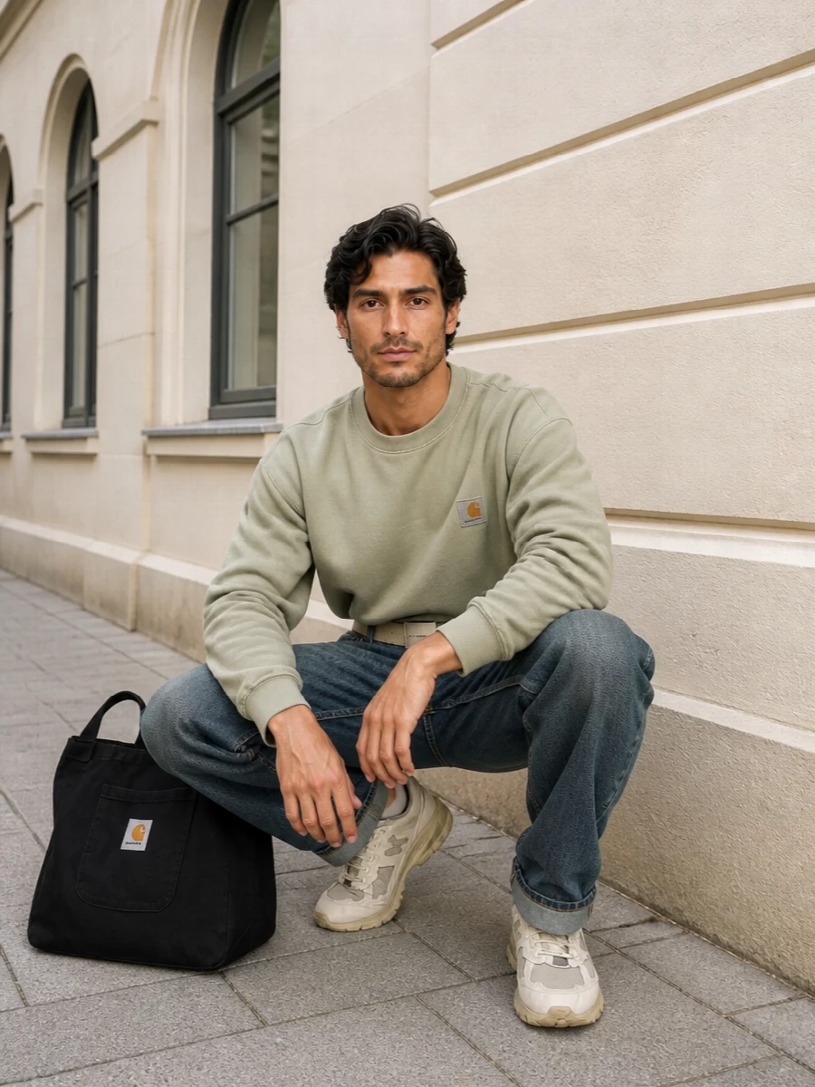 Carhartt jeans sage sweatshirt new balance sneakers