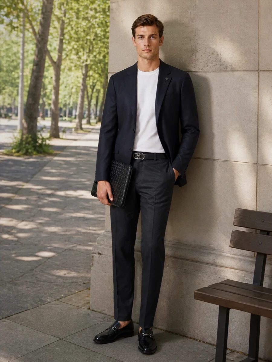 Lardini navy blazer charcoal pinstripe trousers