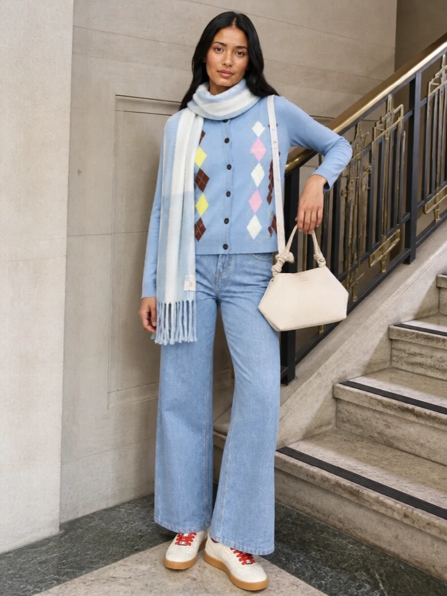 Ganni argyle cardigan wide leg jeans outfit