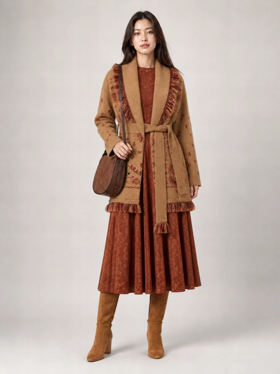 Alanui Cashmere Bandana Jacquard Fringed Belted Oversized Cardigan