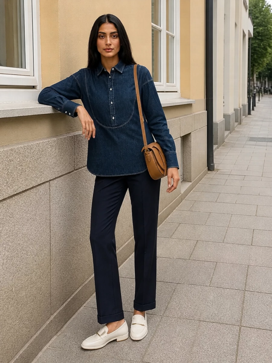Dark indigo denim shirting is sharpened by navy tailored trousers for a quietly precise, menswear-leaning take on warm-weather polish. Ivory loafers introduce a lighter, refined note at the hem so the palette stays fresh rather than heavy. A tan saddle bag finishes with subtle equestrian structure that works from relaxed office hours to city weekends.