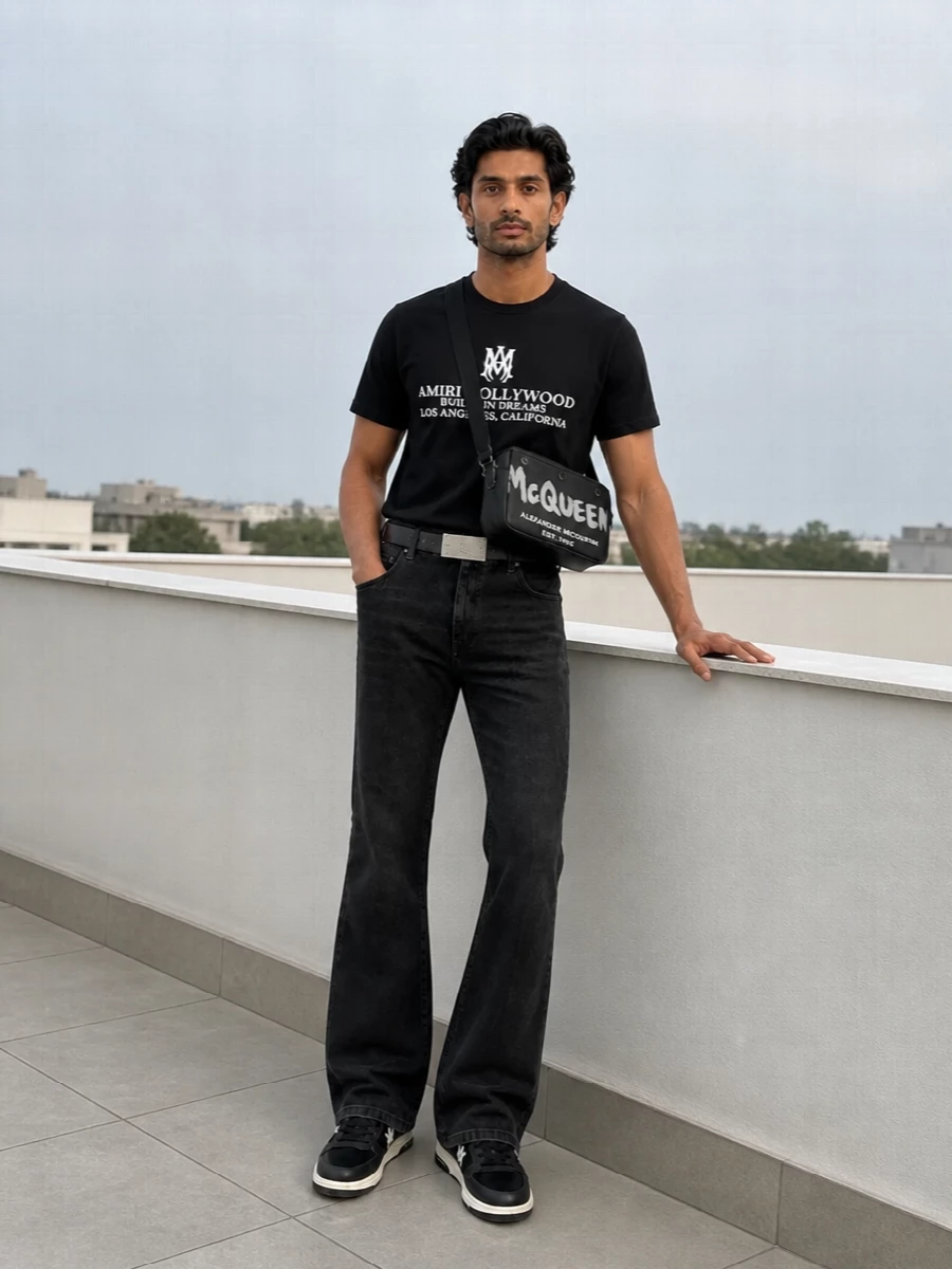 Amiri hollywood tshirt black flared jeans outfit