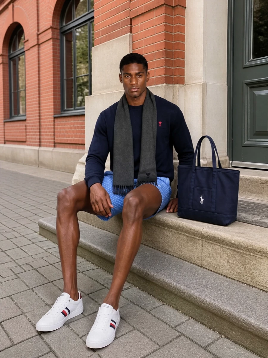 Ami swim shorts navy knit white sneakers