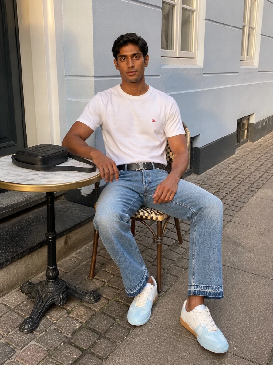 Cropped mid‑blue denim meets a crisp white Celine tee for a clean, easy silhouette that feels relaxed but considered. Dip‑dyed Margiela sneakers pick up the icy blue in the wash, while a black Celine crossbody and matching belt sharpen the lines so the whole outfit reads as quiet, city‑ready streetwear rather than basic casual. The result is light, graphic and purposeful without ever feeling overstyled.