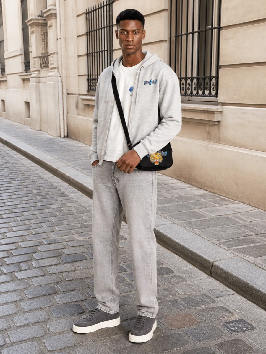 Kenzo grey hoodie light jeans sneakers outfit
