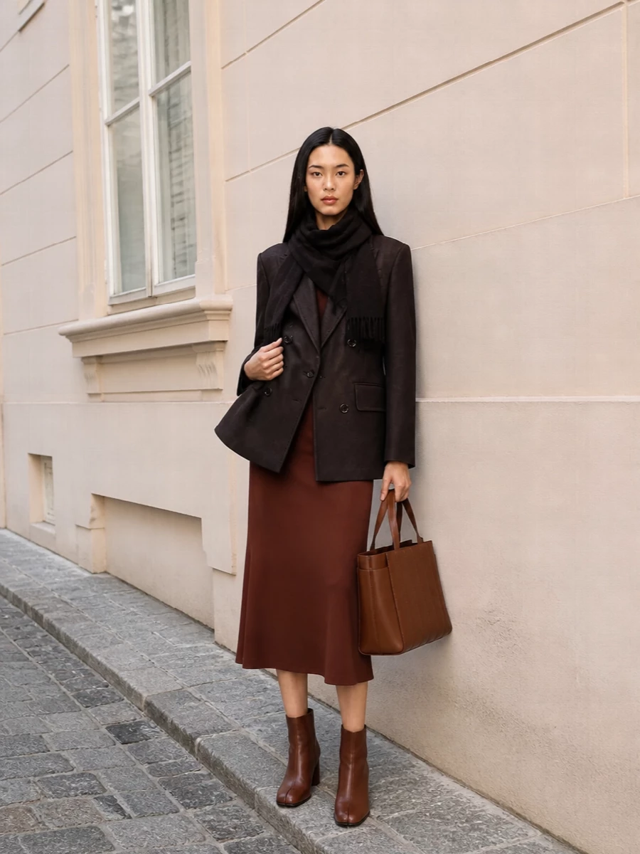 Max mara brown blazer midi skirt outfit