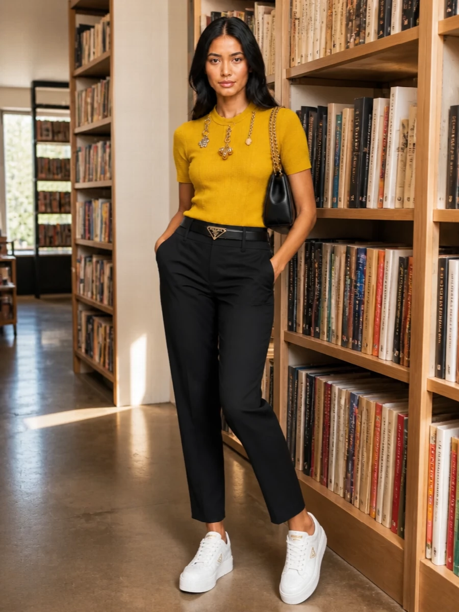 Prada mustard knit top black trousers outfit