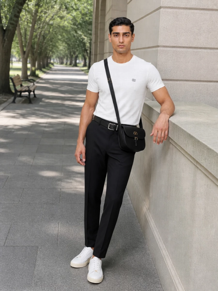 A crisp white Valentino tee meets sharply cut black tailoring for a clean monochrome base that feels composed but relaxed. Soft white sneakers keep the energy casual while a structured black crossbody and slim belt add just enough definition. It is a quiet, city-ready uniform that moves easily from daytime errands to informal dinners.