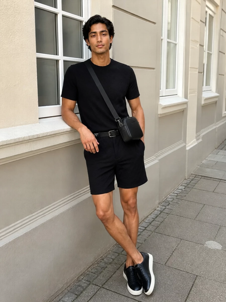 Emporio Armani’s textured black swim shorts pair with the matching short-sleeve knit for a coordinated, minimal set that slips from pool to café without a change. Black leather sneakers keep the line clean and athletic, while a compact Gucci crossbody and discreet Prada belt add just enough sharpness to feel city ready. The result is a monochrome, low-key ensemble that reads as considered rather than beachy, even when you are still in swimwear.