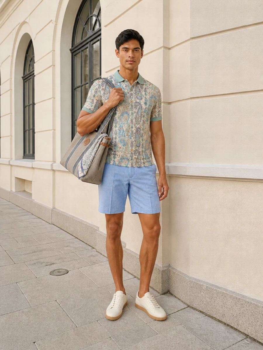 Etro paisley polo tailored blue shorts outfit