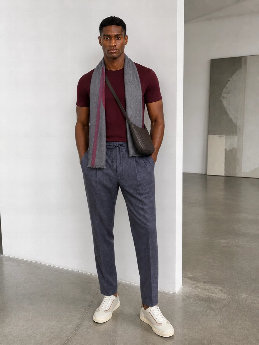 Brunello cucinelli burgundy tee slate trousers