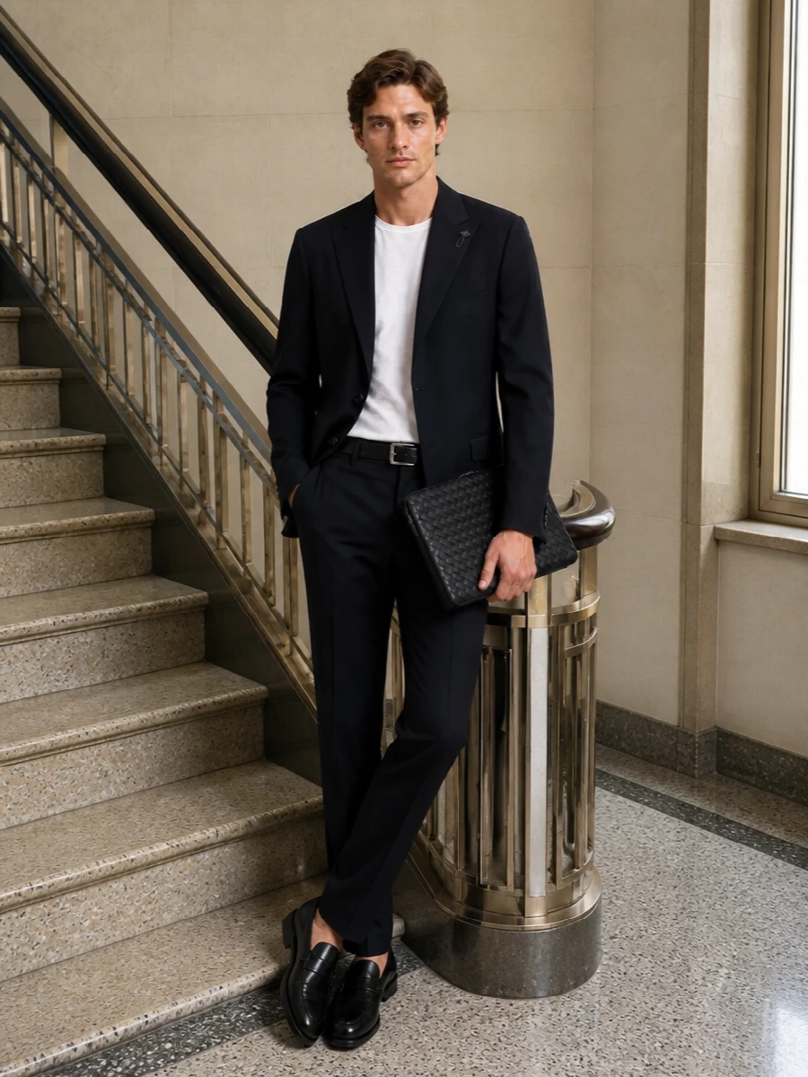 Lardini navy blazer black trousers tods loafers