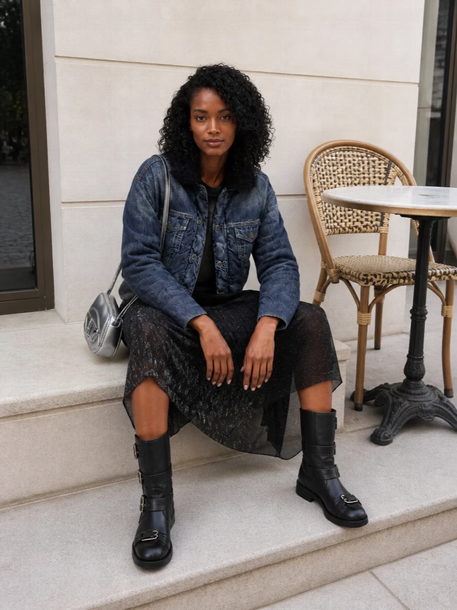 Diesel denim jacket knit dress biker boots