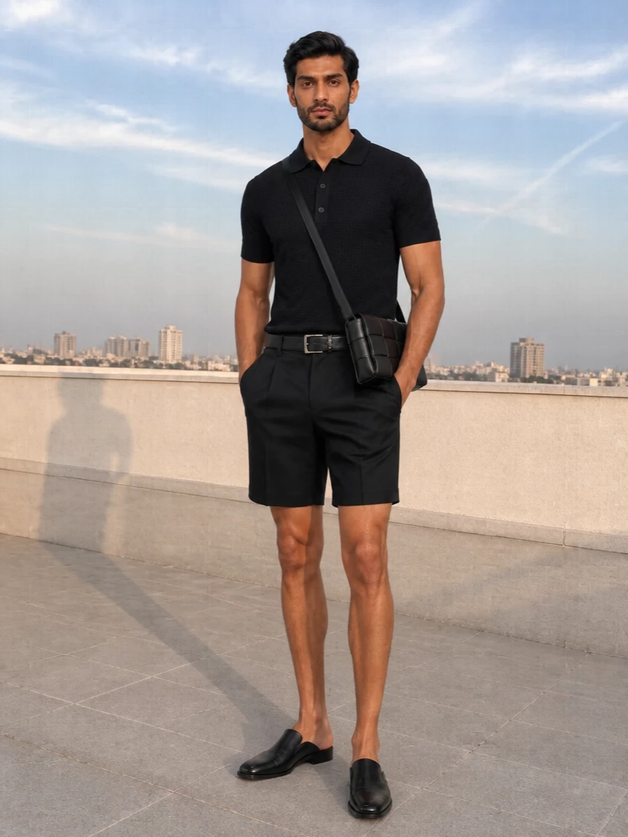 Balmain black tailored shorts knit polo outfit