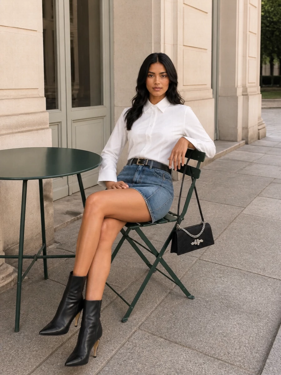 Alexander mcqueen denim mini skirt white shirt outfit
