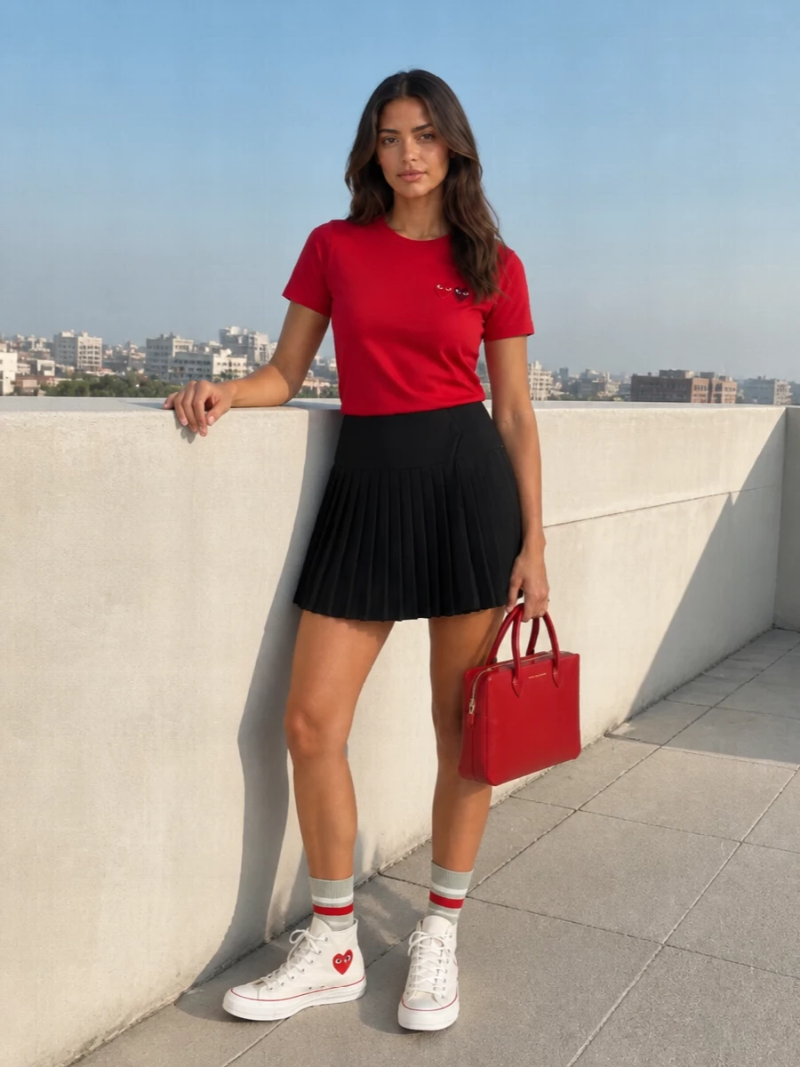 Graphic and playful, this pairing leans into CDG’s red hearts with a sharp black tennis-style mini for a clean preppy street feel. Off-white high-tops and a flash of striped socks keep it sporty, while the structured red tote adds just enough polish for city days that run long. The result is bold but easy, with the red and black palette doing all the work for you.