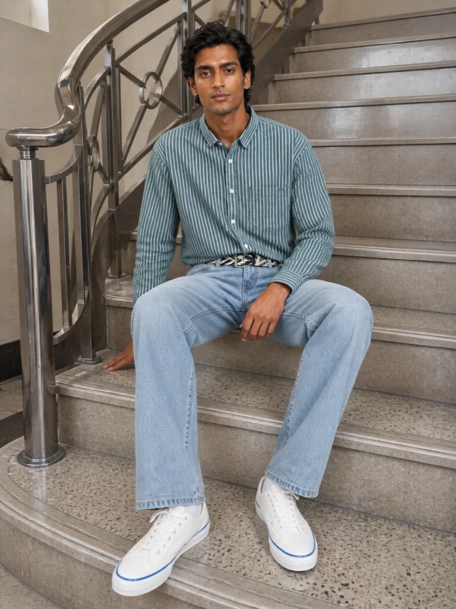 Vans striped shirt carhartt light wash jeans outfit