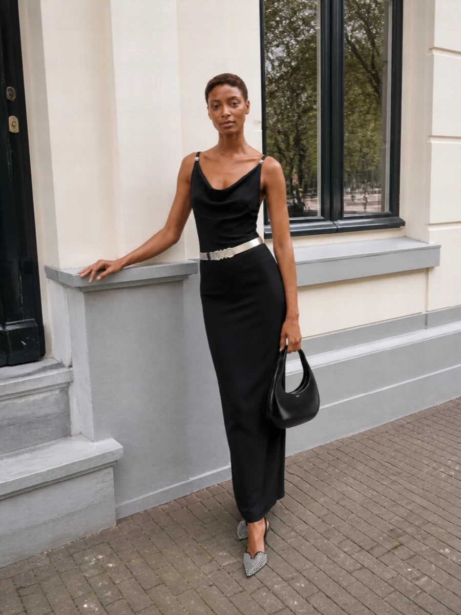 Coperni black evening dress crystal heels bag