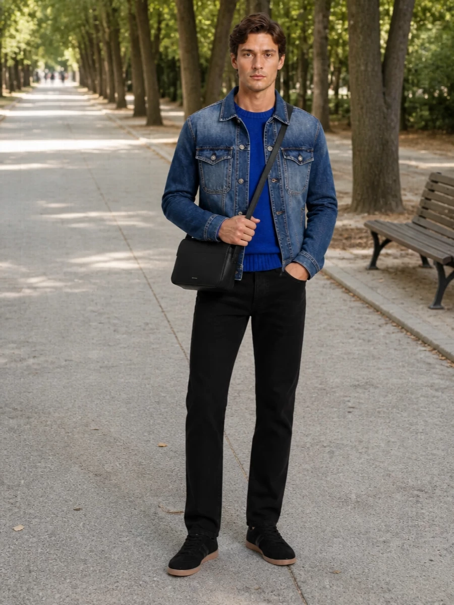 Tom ford mens denim jacket cobalt knit outfit