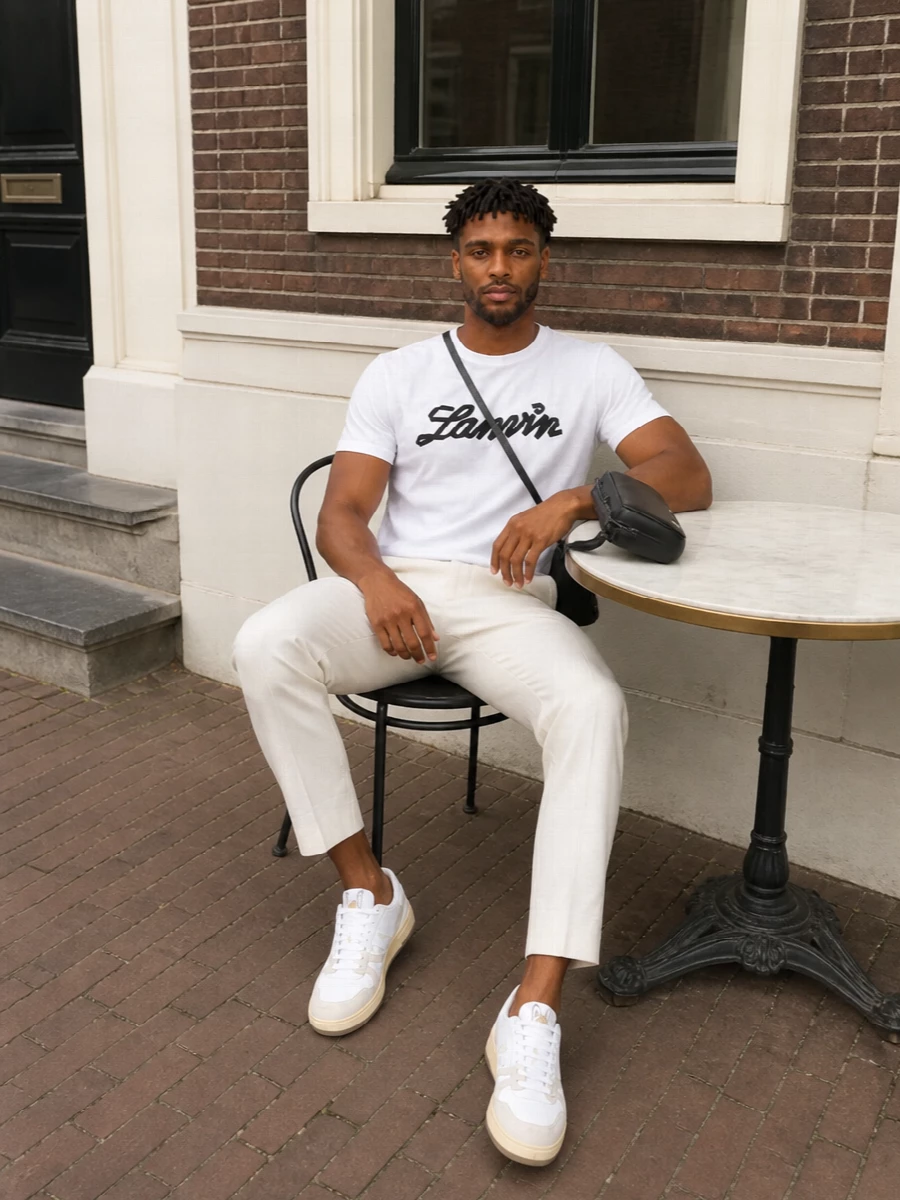 Lanvin logo tee ivory cropped trousers outfit