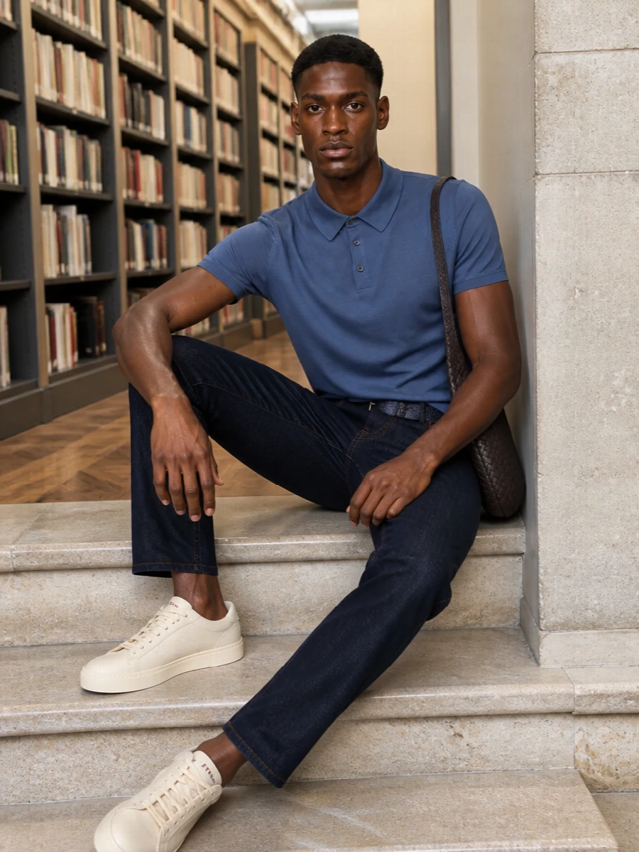 Kiton denim knitted polo leather sneakers