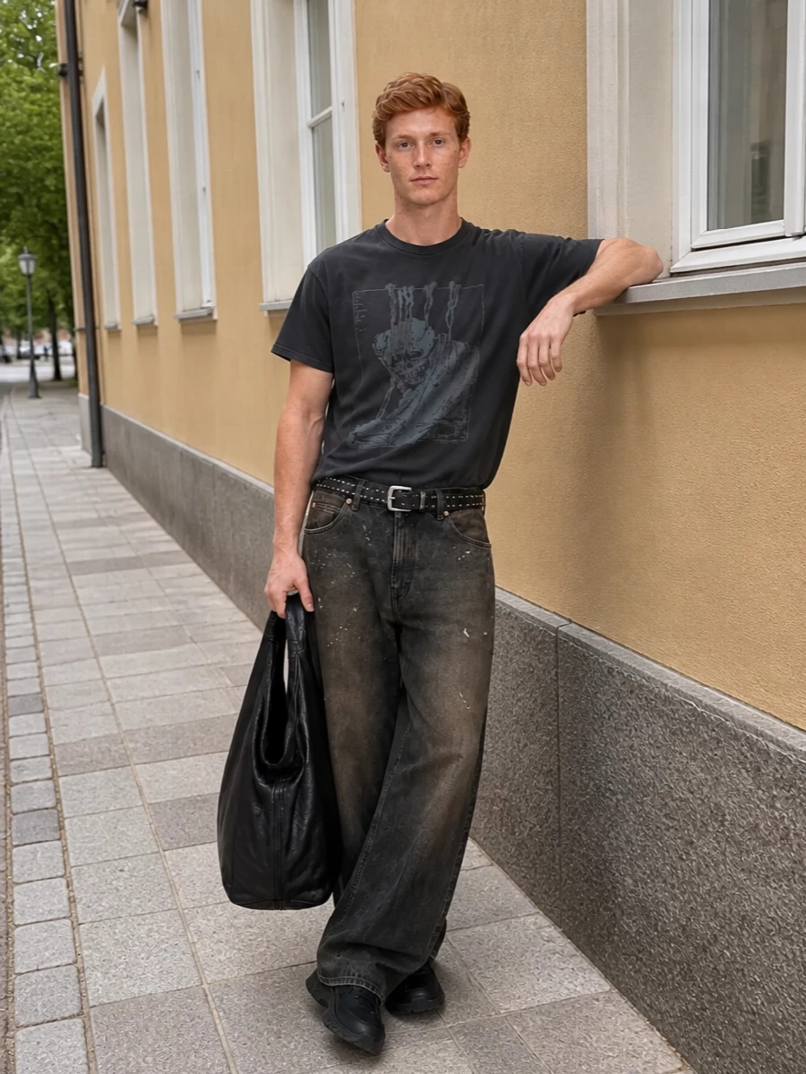 Our legacy wide leg jeans graphic tee trail sneakers