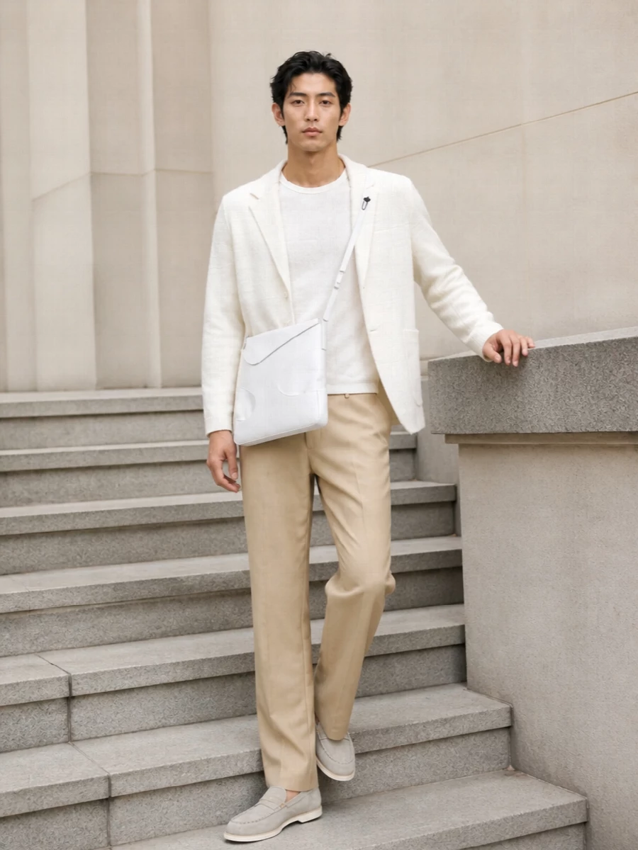 An off-white knit blazer meets sand tailoring for a calm, tonal take on Italian polish. The straight-leg trousers keep the silhouette regular and unfussy, while pale suede loafers and a sculptural white shoulder bag underline the quiet, high-end attitude. Ideal for warm days when you want refinement that still feels relaxed and breathable.