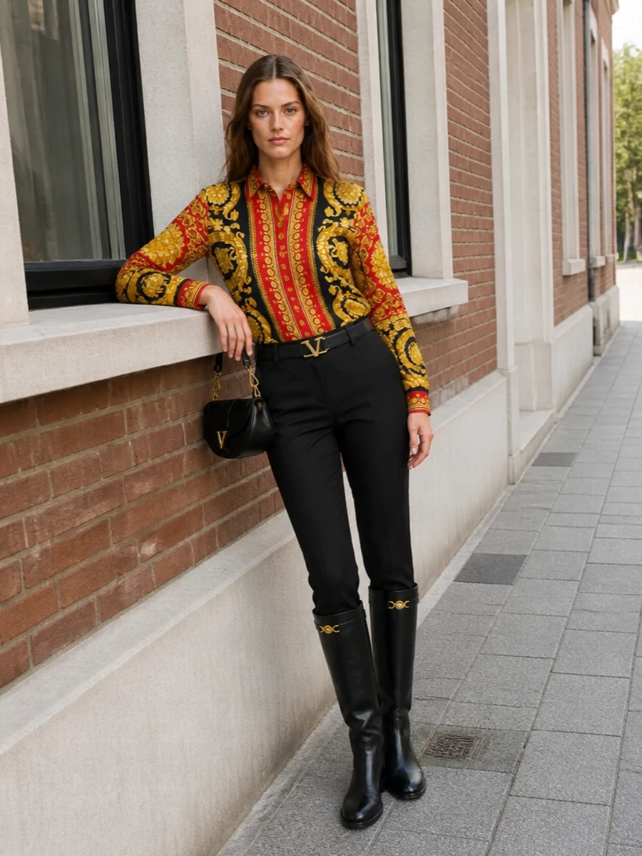 Baroque Versace drama stays in sharp focus by pairing the ornate shirt with a clean, tapered black trouser. Black leather knee boots and a sculpted black crescent bag with gold hardware keep the palette tight and luxurious, while a slim logo belt subtly defines the waist for a confident, night-ready finish.