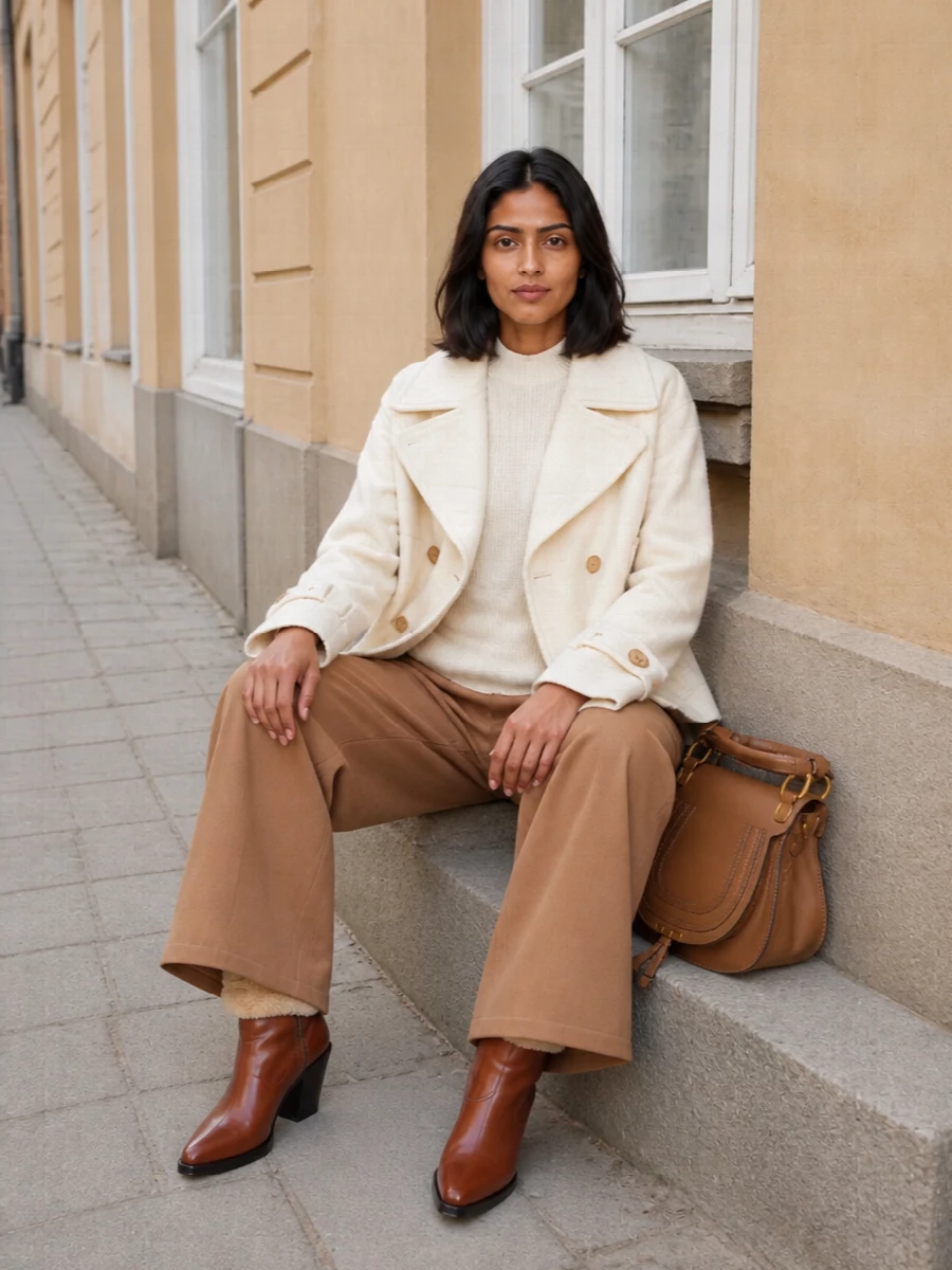 Chloe ivory peacoat camel wide leg trousers
