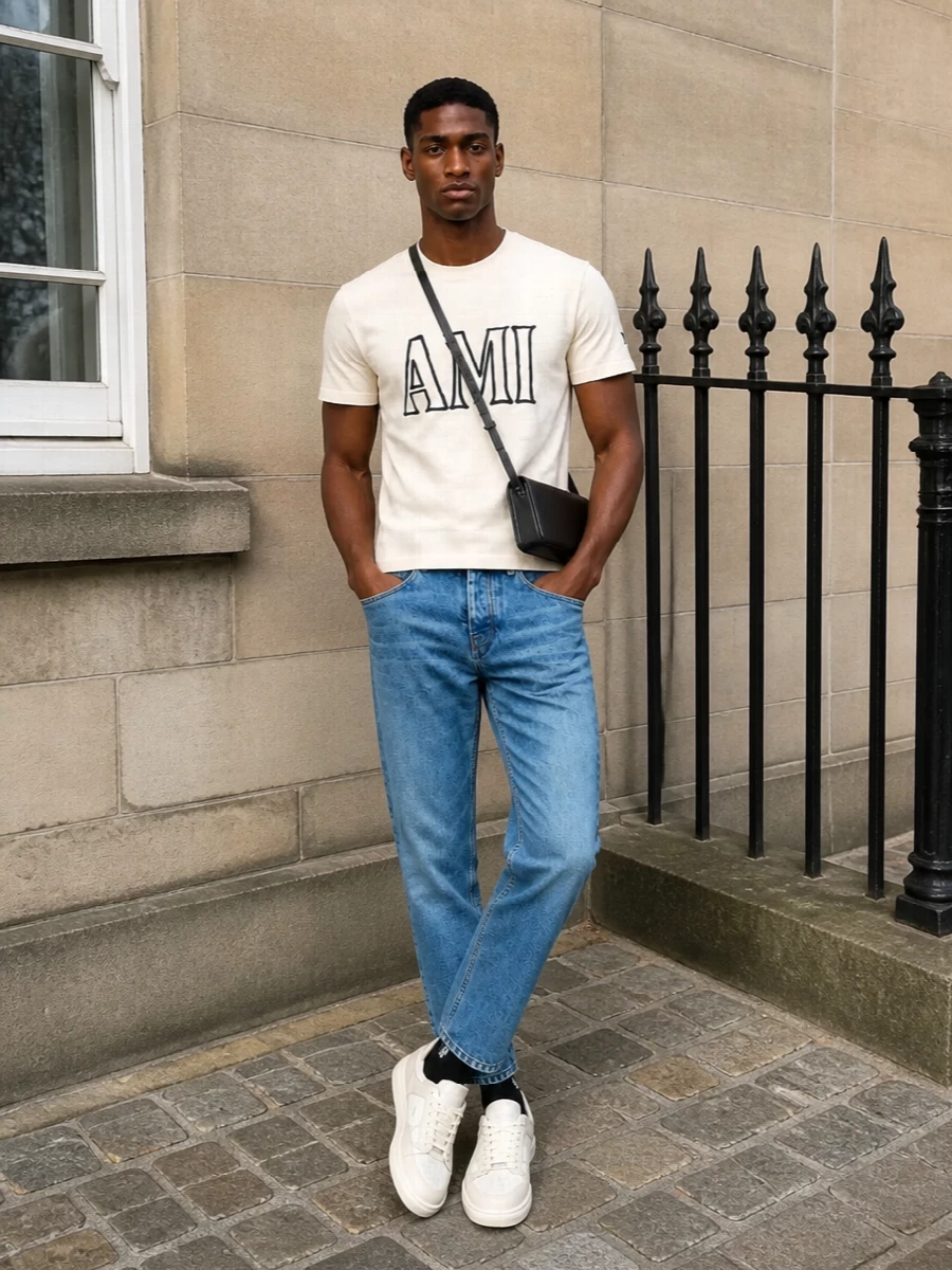 Cream AMI typography over mid blue denim and tonal off-white sneakers feels relaxed but thought-through, like a uniform you reach for without second guessing it. The regular fits keep everything clean and straight, while the restrained black bag and socks echo the logo so the graphic hit feels intentional rather than loud.
