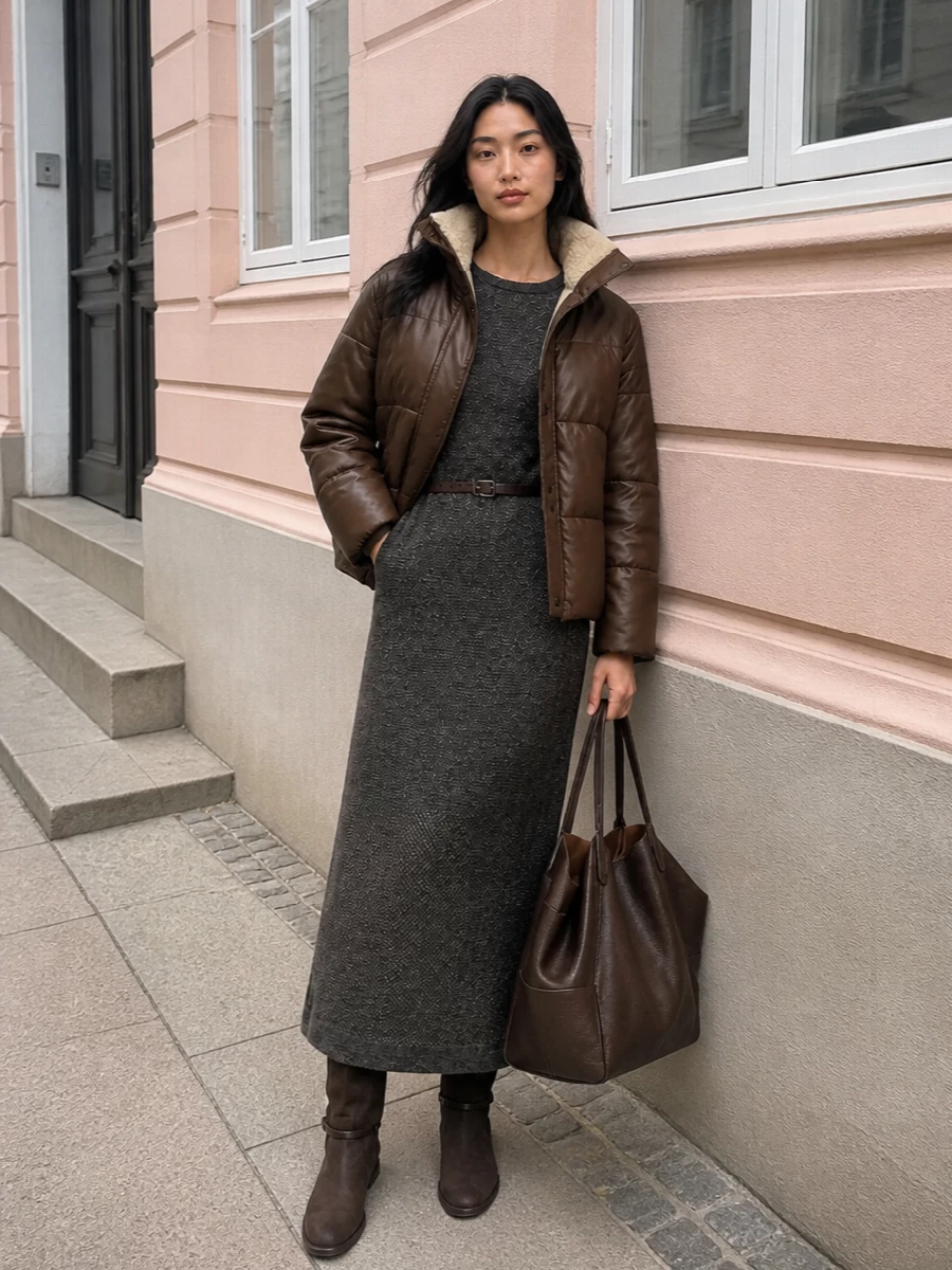 I am taking the dress route here, using the charcoal knit maxi as a clean column under the padded shearling jacket so the outerwear stays the hero without competing tailoring underneath. The flat chocolate riding boots and structured leather tote both sit in the same deep-brown family as the jacket, giving a cohesive, quietly luxurious winter city ensemble with practical proportions and a long vertical line under the cropped, padded volume. It feels relaxed enough for weekend errands yet considered enough for low-key dinners or travel days where polish and warmth matter equally.