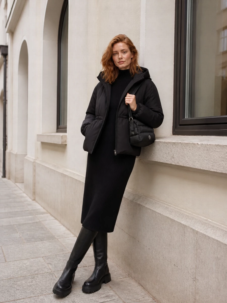 Herno parka black knit dress knee boots