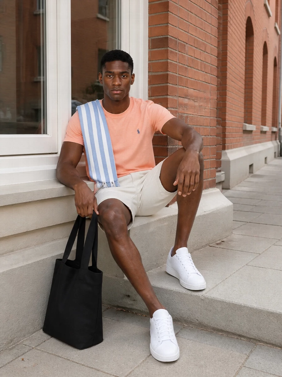 Polo ralph lauren peach tee ivory shorts outfit