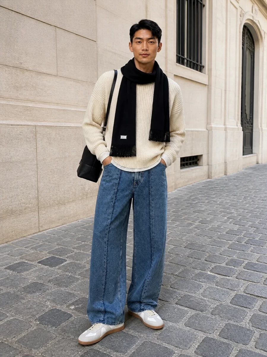 Maison margiela wide leg jeans cream knit sneakers