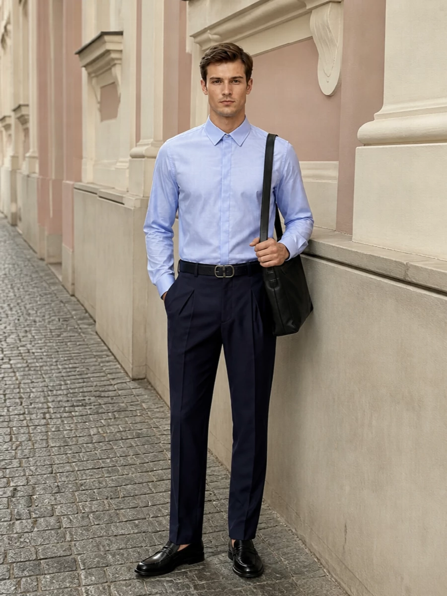 Jacquemus navy trousers powder blue shirt outfit