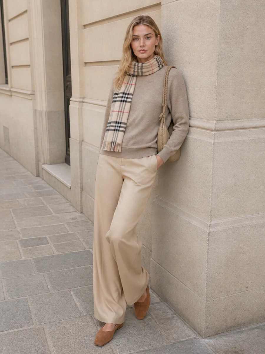 A warm beige Max Mara jumper pairs with light camel wide-leg trousers for a tonal, elongated silhouette that feels relaxed yet composed for FW days. Camel suede flats and Lemaire’s sand crescent bag keep everything soft and minimal, while the gauzy Burberry check scarf adds a whisper of heritage detail without breaking the quiet-luxury mood. The result is an easy, tonal uniform that moves effortlessly from office to off-duty.