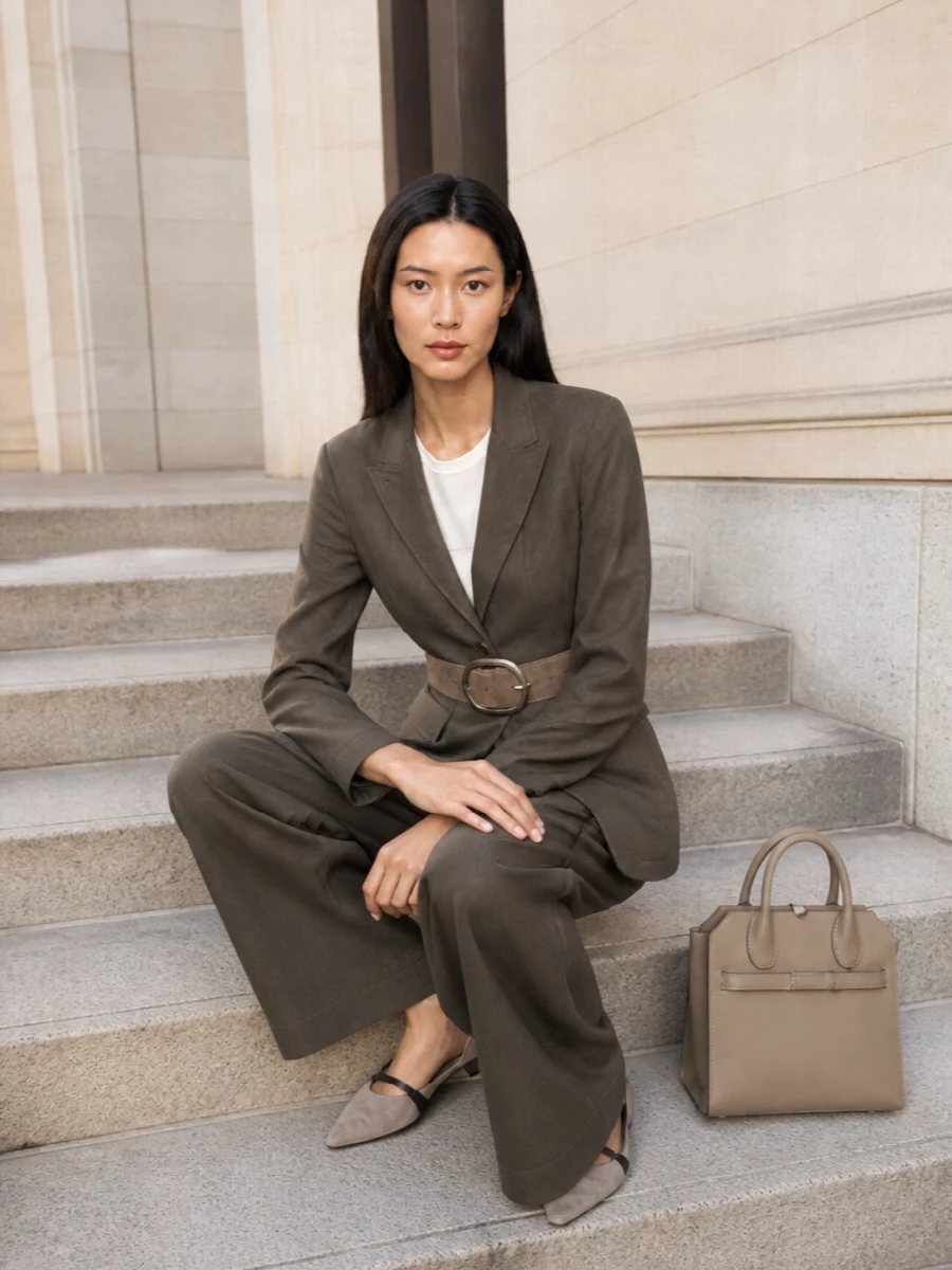 Uma wang taupe blazer wide leg trousers outfit