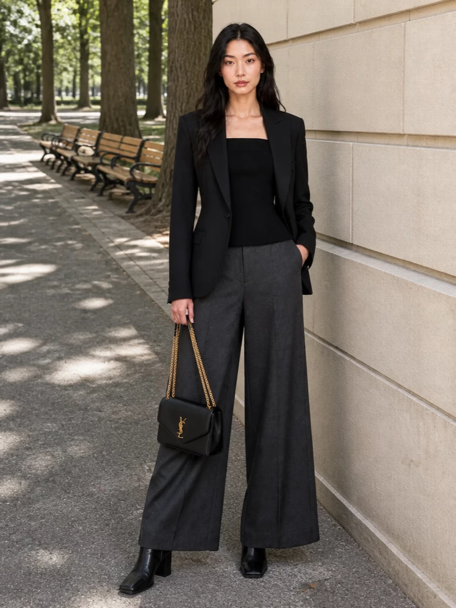 Gaultier blazer wide leg trousers outfit