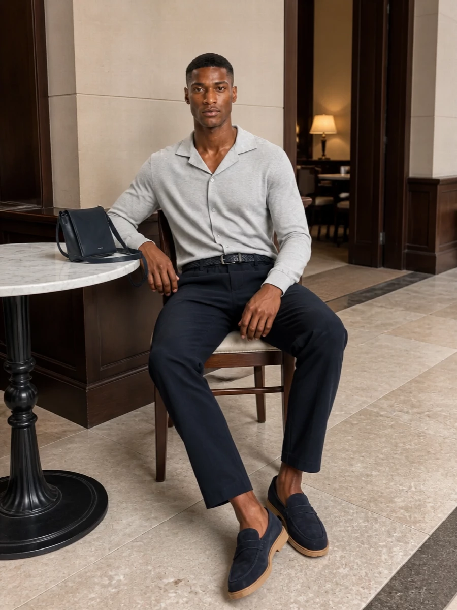 Lardini navy trousers grey shirt outfit