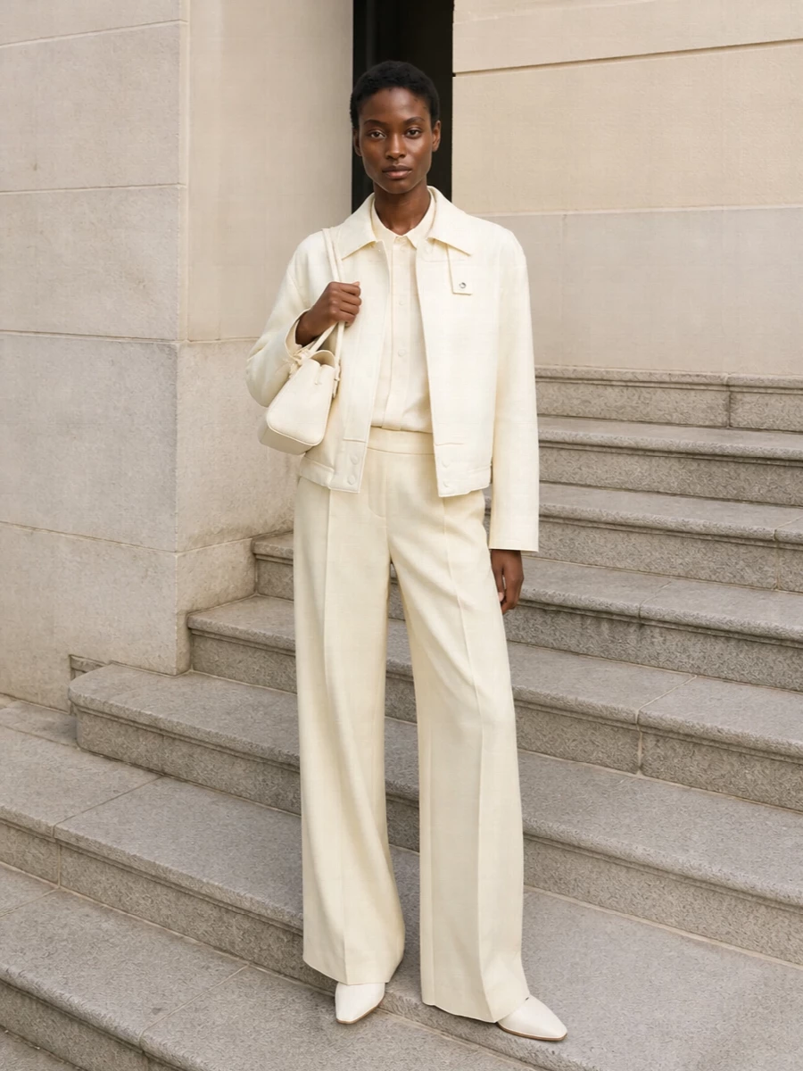 Jil sander ivory coat wide leg trousers outfit