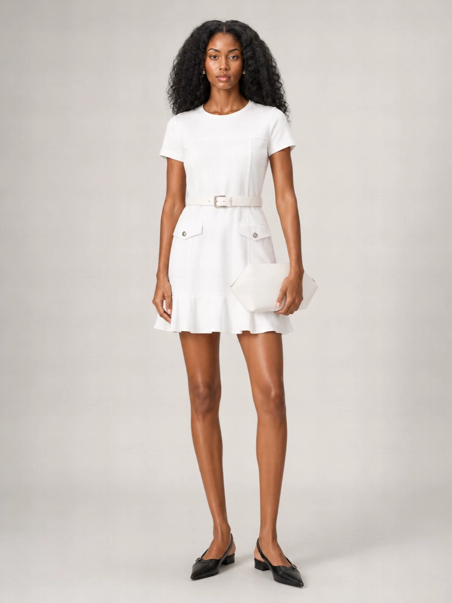 Clean and easy, this pairing lets the crisp white mini stay the focus while black slingback flats and a soft white clutch keep everything city-ready and unfussy. Pearl studs and a slim belt add just enough polish to move from errands to a casual dinner without changing the mood. The result is fresh, preppy and quietly precise rather than try-hard.