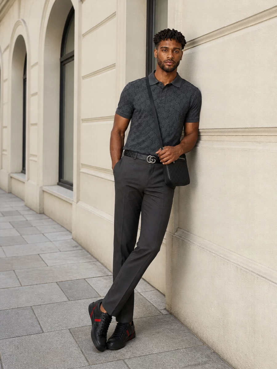 Gucci charcoal gg polo tailored trousers sneakers