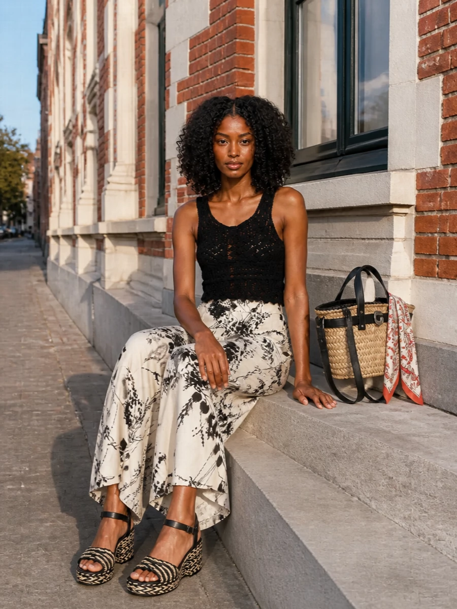 Black crochet meets airy botanical print for a romantic summer outfit that works from city terrace drinks to seaside evenings. The sweeping high waist and wide leg ground the shorter tank, giving an easy, elongated line. Raffia-detailed wedges and a structured straw tote keep the mood relaxed yet polished, with a slim paisley twilly adding just a touch of color and movement.