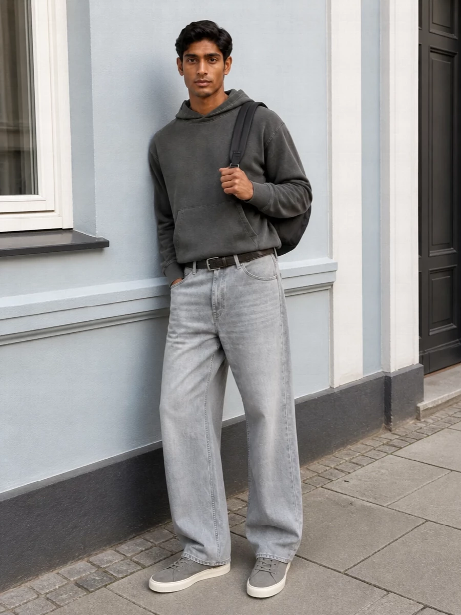 Washed charcoal up top and soft light grey below create a calm, tonal palette that feels modern rather than monotone. The wide-leg denim tempers the hoodie’s boxiness, giving a clean vertical line from shoulder to hem. Grey suede sneakers and a structured charcoal backpack keep everything grounded in quiet, functional city wear that still reads considered.