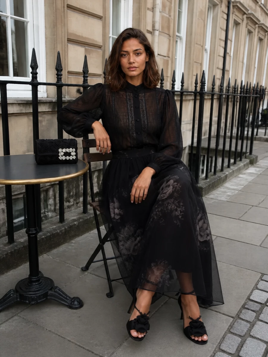 Zimmermann floral maxi skirt sheer black evening top