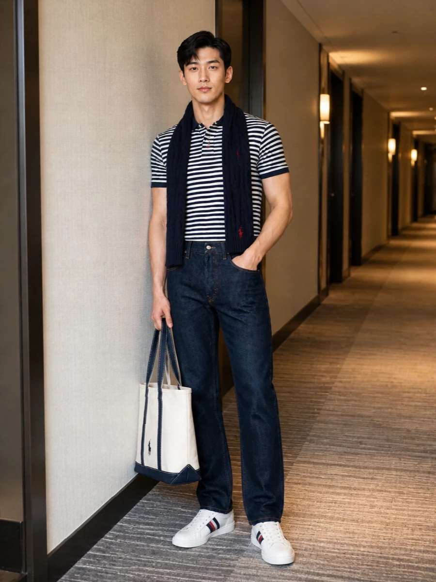 A Breton stripe polo, dark indigo denim and crisp white court sneakers create a clean East Coast prep uniform that feels sharp but relaxed. The canvas tote and cable‑knit scarf lean into the nautical, collegiate mood while keeping the palette tight in navy, ecru and hits of red. It is an easy go‑to for casual city days, coffee runs and weekend lunches when you want structure without stiffness.