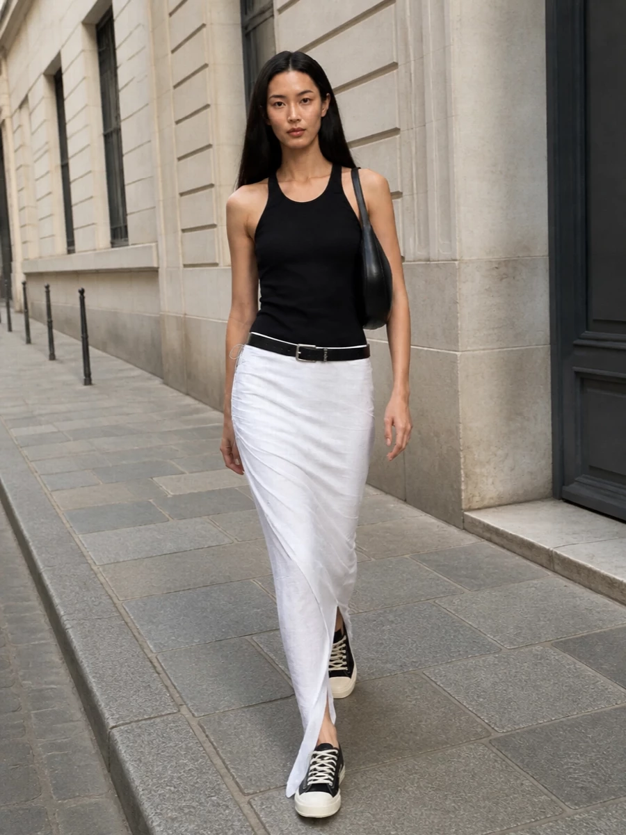 The look pairs the elongated black Rick Owens tank with a stark soft-white ruched maxi skirt, creating a clean, graphic column that feels both urban and sensual. Black DRKSHDW low-top sneakers keep it grounded and effortless, while a sculptural Coperni shoulder bag and a slim black belt add just enough structure and polish without breaking the minimalist, monochrome tension. It’s a quietly dramatic SS uniform that moves easily from daytime city heat into after-dark energy.
