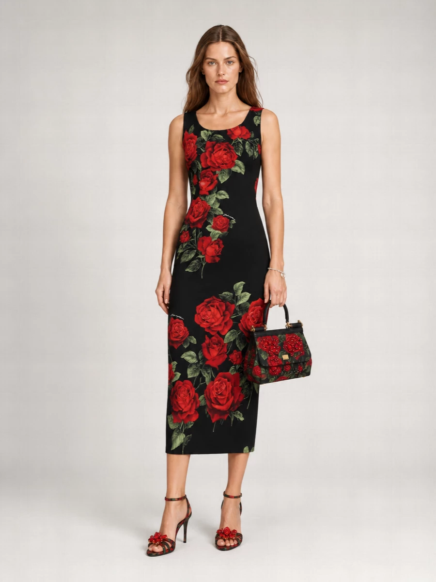 Dolce&Gabbana Silk Floral Print Sleeveless Scoop Neck Midi Dress