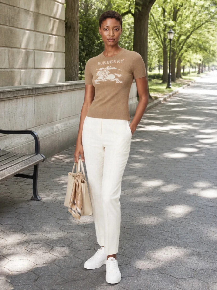 Burberry camel knit ivory trousers white sneakers